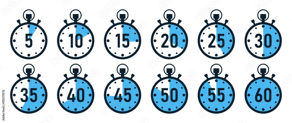 Stopwatch timer icon set with 5 minutes gap in blue color. 5-minute clock on white background. Set of timers. Stopwatch icons. Countdown 5, 10, 15, 20, 25, 30, 35, 40, 45, 50, minutes timer.