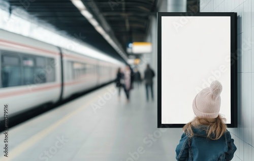 People walking in a modern subway station with a blank advertising board