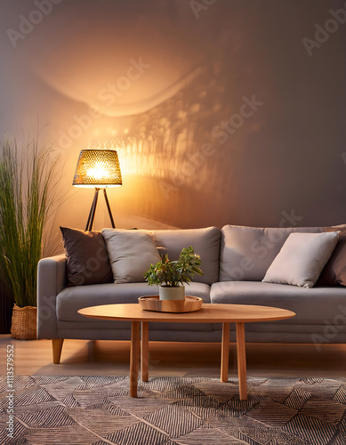 A contemporary living room featuring a gray sofa, a wooden coffee table, and softly glowing lamps creating a warm evening ambiance