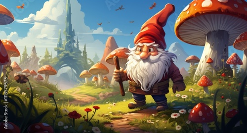 Whimsical adventure through a vibrant mushroom landscape with children during...