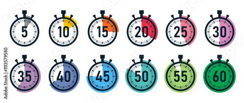 Stopwatch timer icon set with 5 minutes gap in colorful style. 5-minute clock on white background. Set of timers. Stopwatch icons. Countdown 5, 10, 15, 20, 25, 30, 35, 40, 45, 50, minutes timer.