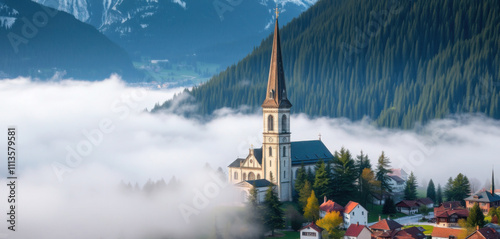 A majestic, historic Mariazell Basilica stands at the heart of a quaint, snow-capped mountain village, its two soaring twin spires reaching for the heavens amidst a serene, misty landscape.