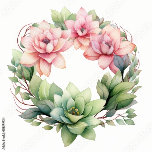 Beautiful floral wreath with pink and green flowers for decoration and design