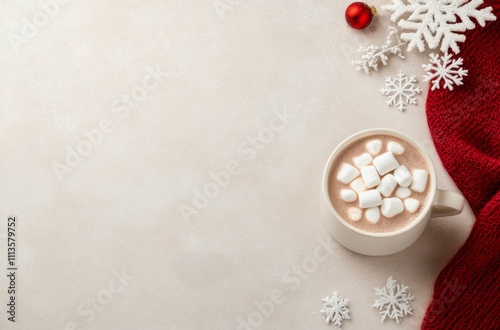 Warm hot chocolate with marshmallows and festive decor during winter season