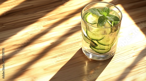 A glass of detox water with cucumber slices and mint, sitting on a polished wood-pattern background, Generative AI