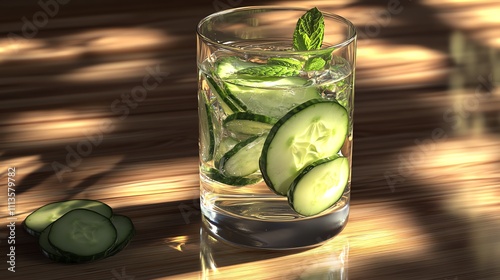 A glass of detox water with cucumber slices and mint, sitting on a polished wood-pattern background, Generative AI
