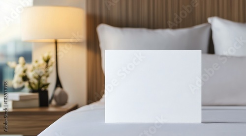 White blank canvas placed on a neatly made bed in a modern hotel room during ...