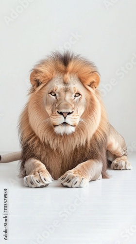 Majestic lion with a thick mane gazing directly at the camera in a lush green...