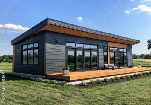 A modern, black and gray house with wood accents, situated on a large concrete patio