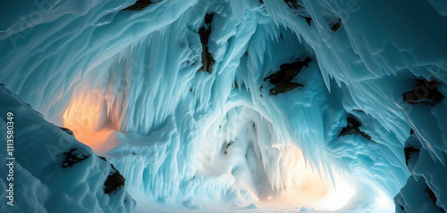 A mystical realm of crystalline beauty, where the eerie Eisriesenwelt Ice Cave beckons with its ethereal glow, shimmering walls of iridescent ice, and delicate. photo