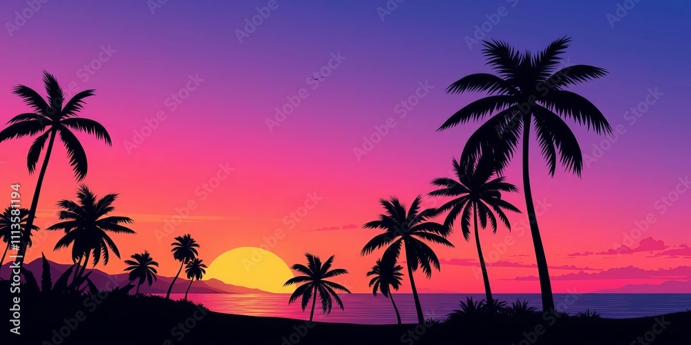 Obraz premium A collection of intricate palm tree silhouettes against a colorful sunset sky, silhouette, colorful