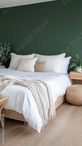 Cozy bedroom design with green accent wall and natural textures