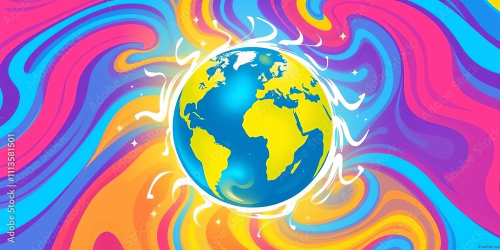 Naklejka premium A colorful and vibrant vector icon of a globe surrounded by swirling rays of positivity and encouragement, vibrant, encouragement