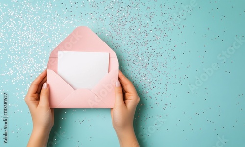 Delicate hands holding a pastel envelope with confetti scattered on a mint gr...