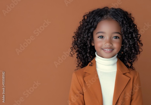 Young girl with curly hair poses in stylish outfit against orange backdrop