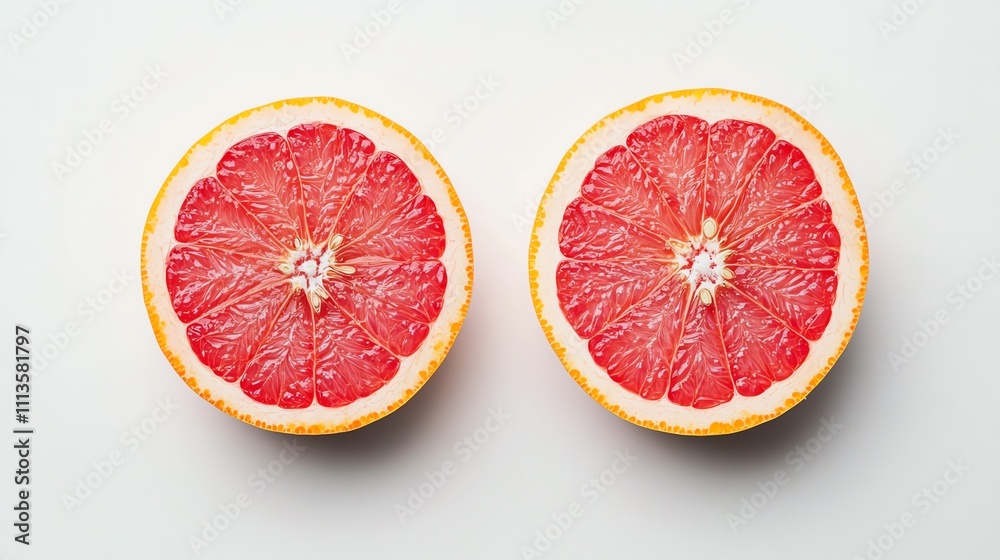 A ripe grapefruit sliced in half, its bright pink flesh highlighted on a white background, Generative AI A ripe grapefruit sliced in half, its bright pink flesh highlighted on a white background, Generative AI