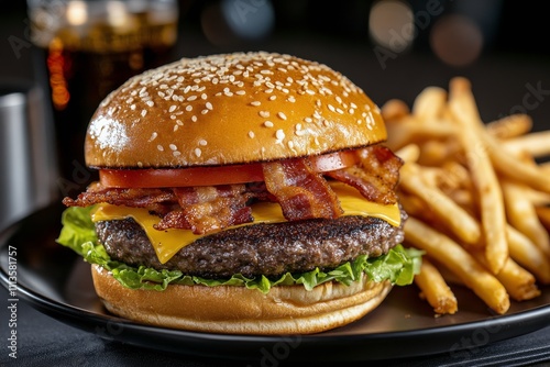 Delicious cheeseburger with crispy bacon and fresh lettuce served on a sesame...