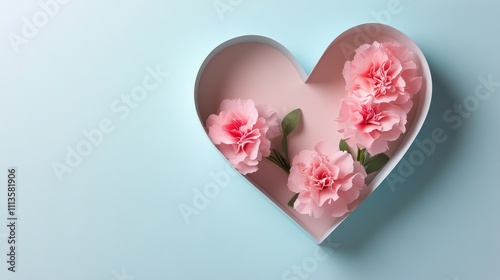 Flowers arranged in a heart shaped box on a light blue background