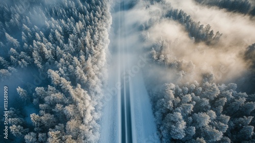 Winter road through snow covered forest with fog and mist in early morning light