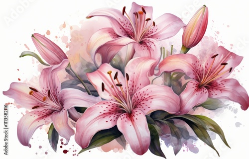Pink lilies arranged beautifully in a delicate floral composition with green ...