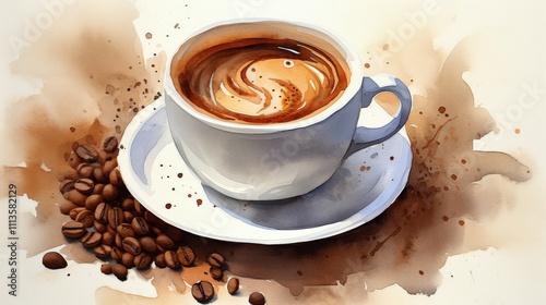 Beautifully crafted coffee cup with swirling patterns and coffee beans on a p...
