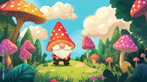 Gnomes in a vibrant garden with mushrooms and wildflowers during a sunny day