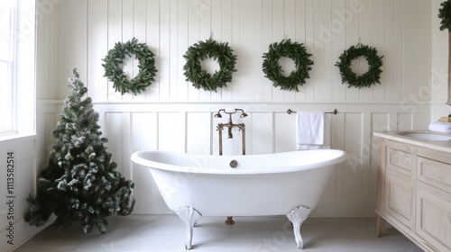 Elegant bathroom adorned with holiday wreaths and a festive tree during winte...