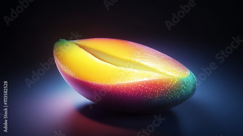 A perfectly ripened mango sliced open, its juicy flesh glowing against the dark backdrop, Generative AI