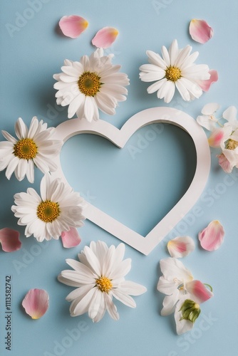 White daisies surround a heart shaped cutout on a blue background with flower...