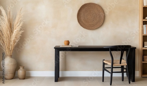 Modern minimalist workspace featuring natural decor and neutral colors in lig...