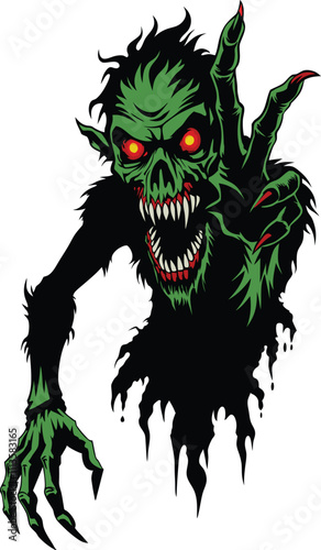 Scary zombie with red eyes and clawed hands vector illustration