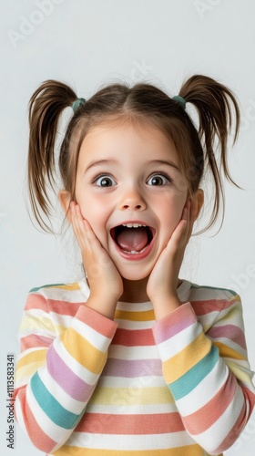 Excited young girl expresses surprise with wide eyes and open mouth while hol...