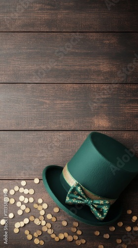 Green top hat and gold coins on a wooden surface for a festive celebration