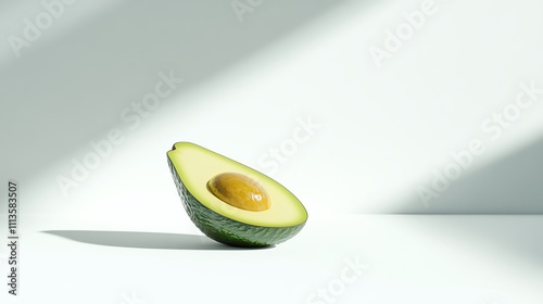 A fresh sliced avocado with its seed intact, placed against a minimalist white background, Generative AI