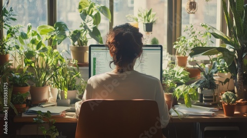 Individual working at a desk surrounded by plants in a modern urban office se...