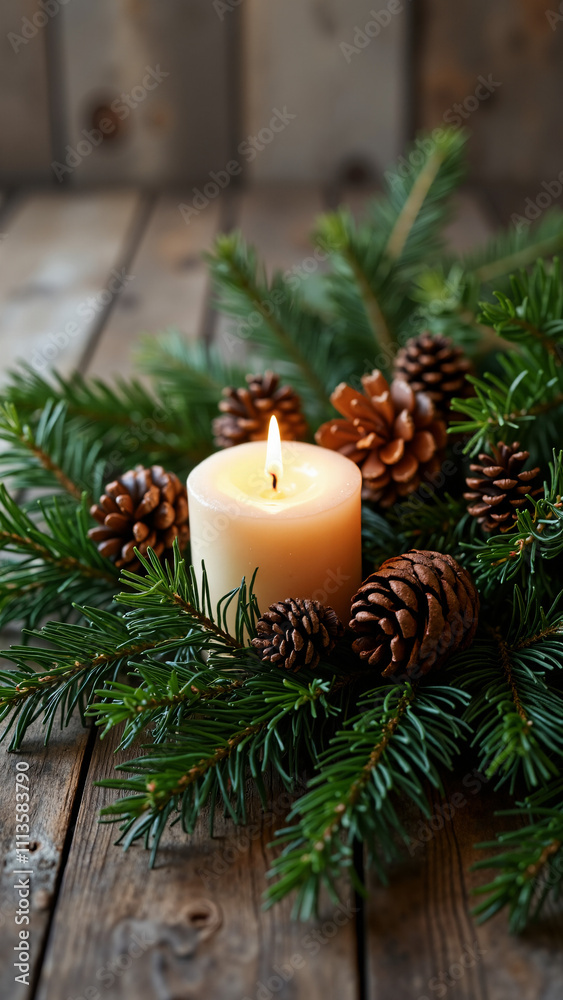 Rustic Christmas Scene: Advent Candle with Natural Decorations for Holiday Marketing and Festive Designs Rustic Christmas Scene: Advent Candle with Natural Decorations for Holiday Marketing and Festive Designs