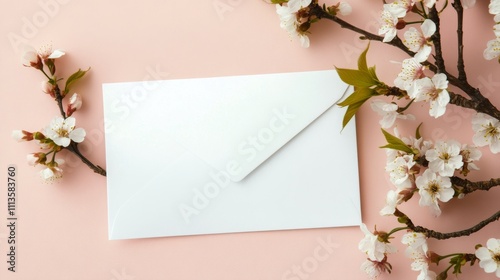 Elegant spring blossoms gently framing a blank card on a soft surface