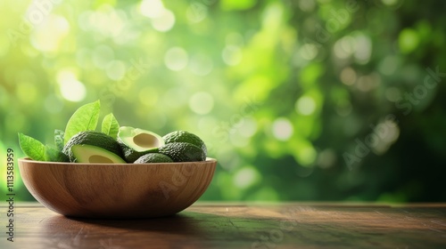 Fresh avocados in a wooden bowl on a table in a sunny outdoor setting surroun...