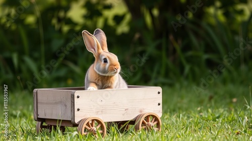 A fluffy bunny with long ears happily playing on a rustic wooden cart in a grassy field, bunny, grassy field photo