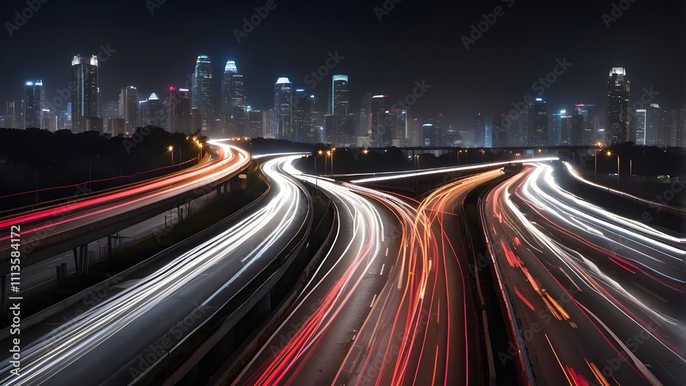Cars rushing on a multilane highway in a long exposure nighttime photograph, their headlights and taillights casting light streaks against the pitch-black skyline Cars rushing on a multilane highway in a long exposure nighttime photograph, their headlights and taillights casting light streaks against the pitch-black skyline
