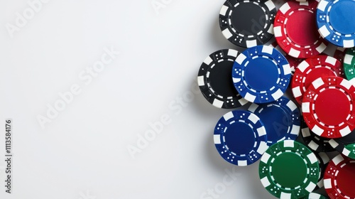 Casino game night colorful poker chips arrangement on gray table vibrant composition top view gaming concept