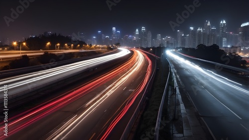 Cars rushing on a multilane highway in a long exposure nighttime photograph, their headlights and taillights casting light streaks against the pitch-black skyline