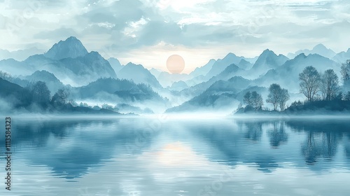 Misty Mountain Lake Sunrise Scenic Landscape in Peaceful Serene Wilderness Setting