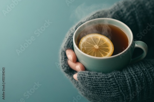 Warm drink in cozy hands during cold weather with lemon slice on top