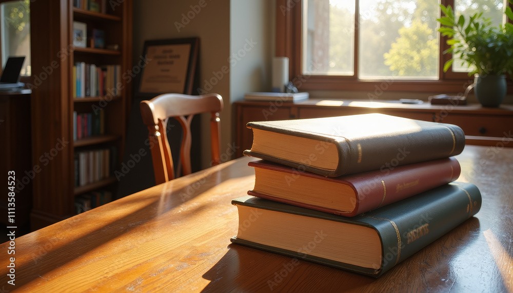 Books stacked on a wooden table basking in the warm glow of afternoon sunlight in a cozy study room Books stacked on a wooden table basking in the warm glow of afternoon sunlight in a cozy study room