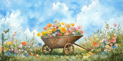 Colorful flower filled wheelbarrow in a vibrant garden under a clear blue sky