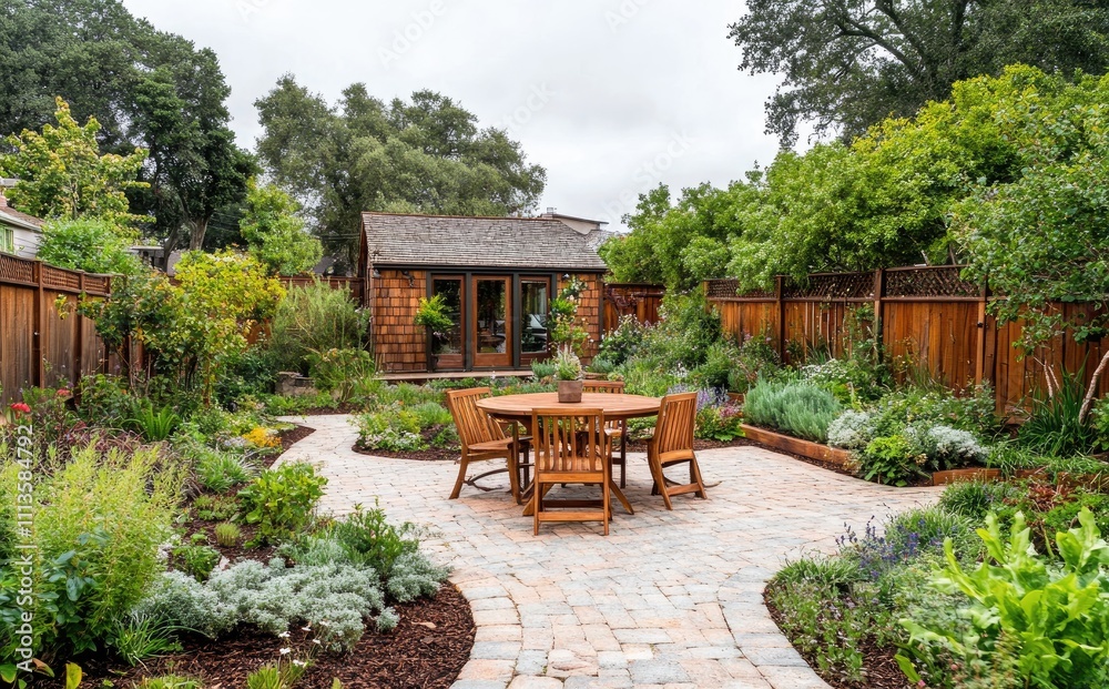 a garden with a wooden table and chairs, a small cabin in the background, a wooden fence around the backyard a garden with a wooden table and chairs, a small cabin in the background, a wooden fence around the backyard