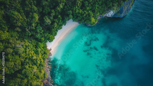 Aerial drone Landscape Turquoise lagoon Nui beach koh Phi Phi Don island, Krabi, Thailand.