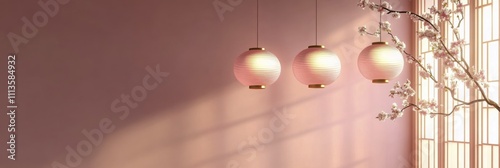 Soft pink lanterns hang gracefully among cherry blossoms in a serene setting