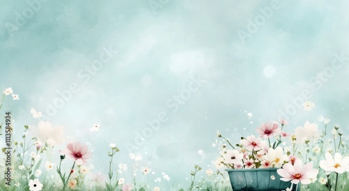 Beautiful pot of flowers with delicate blooms in a serene garden setting on a...